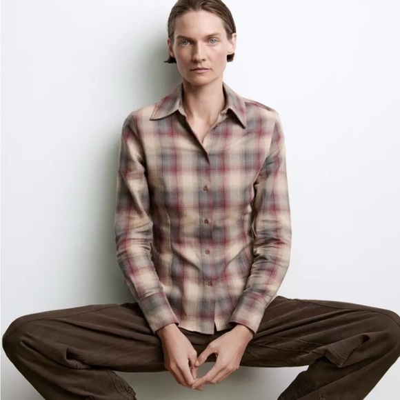 Zara Women’s Small Top Plaid Check Brown Collard Button Up Shirt Padded Western - Picture 1 of 15